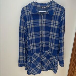 Soft Surroundings Blue Plaid Quarter Zip Tunic Top XL Soft Flannel Peplum Hem